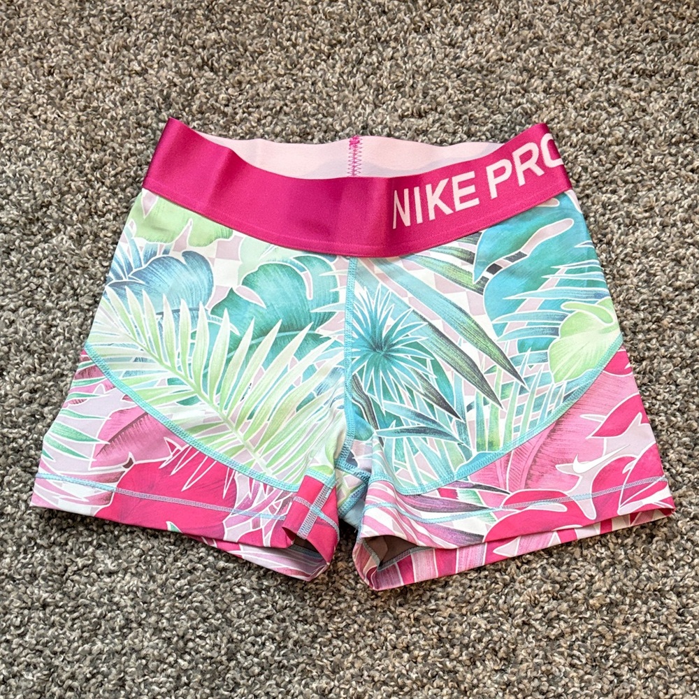 Nike Pro Tropical Print Athletic Shorts - Pink and Green